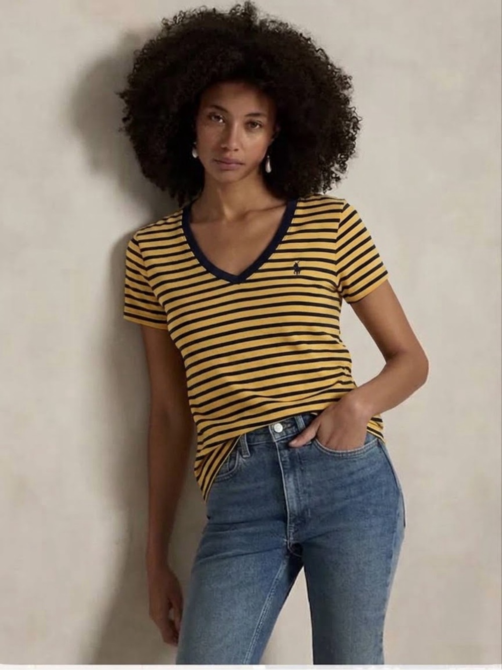 Ralph Lauren Sport Size Medium T-Shirt Yellow Black Striped V-Neck 100% Cotton